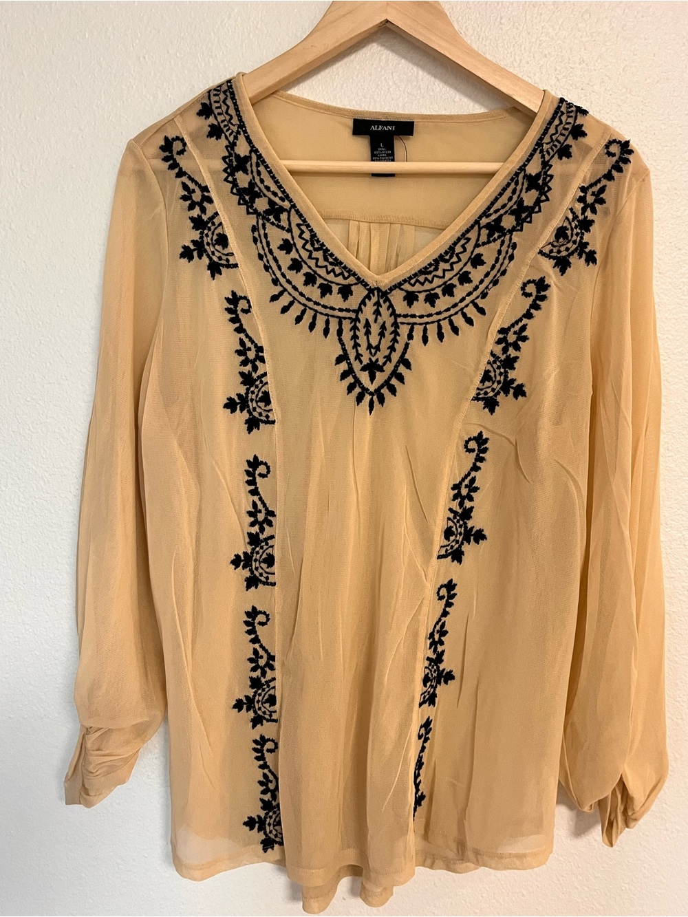 Alfani Beige Tunic with Black Embroidered V-Neck